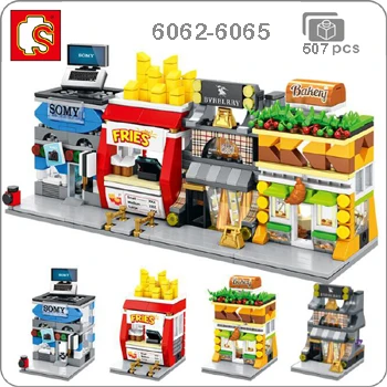6062-6065 Sembo Mini City Street, кофейная пицца, хижина, магазин, ресторан, Китай, городской набор, 3D модель, блоки, строительные игрушки для детей, без коробки - Цвет: 6062-6065
