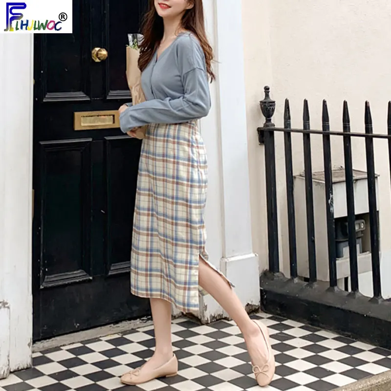 Юбка Женская Осенняя клетчатая с эластичной талией и завышенной 9501|Женские юбки|