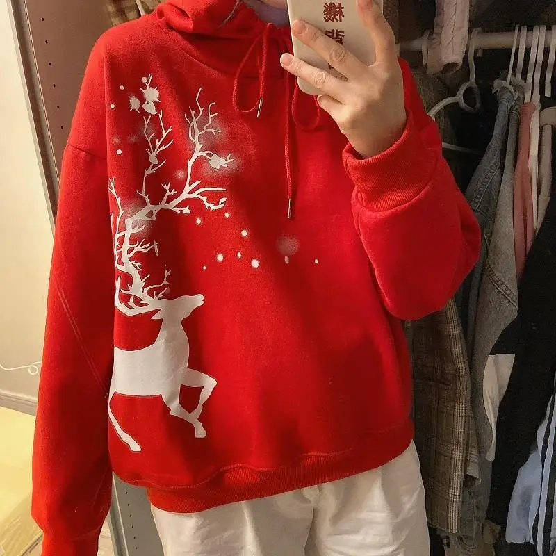

Худи с рождественским принтом оленя, Осень-зима 2021, женская одежда, корейская мода, Женский пуловер с длинным рукавом, пальто, милая блузка