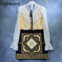 seifrmann new 2021 autumn women fashion runway%c2%a0skirts set lantern sleeve loose blouses high waist crystal beading skirts suits