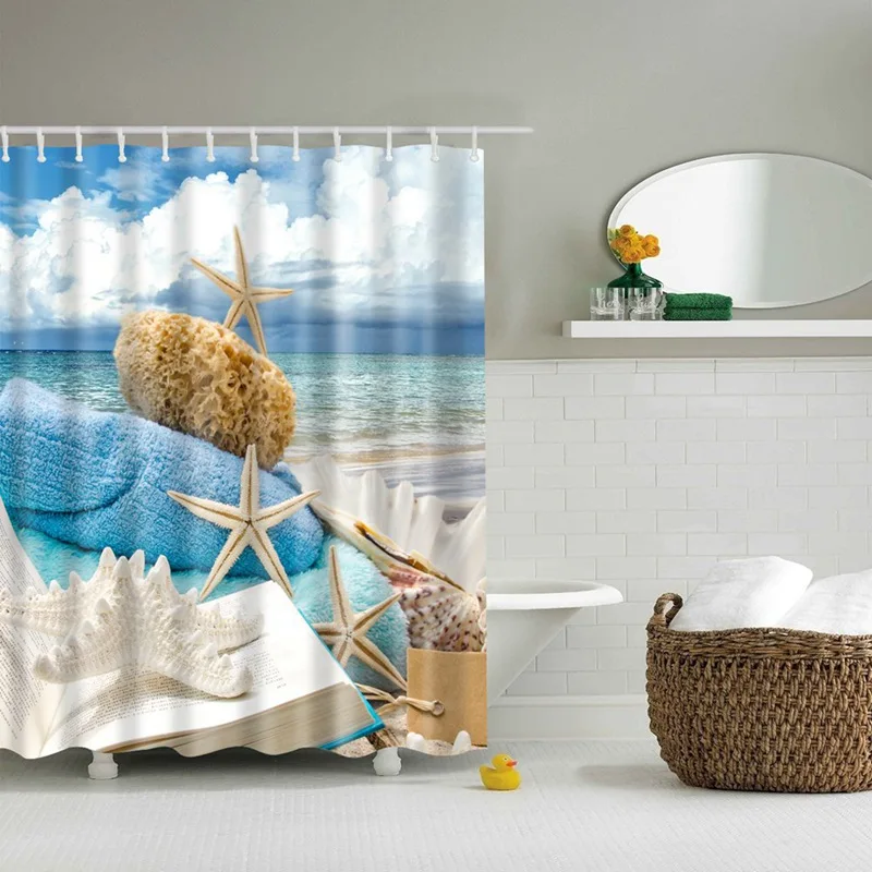 

Starfish Beach Theme Shower Curtain Fabric Tropical Sea Waves Seashell Conch Hawaiian Seaside Scene Ocean View Cloth