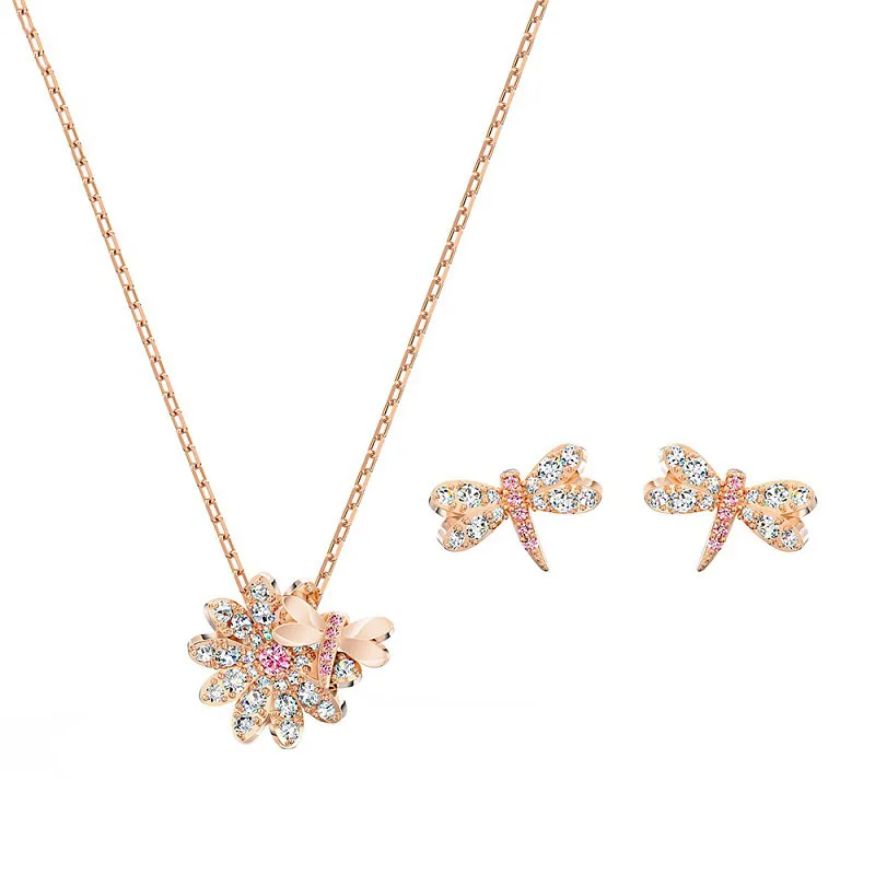 

SWA 1:1 Natural Dragonfly Flower Daisy Necklace Set Rose Gold Color