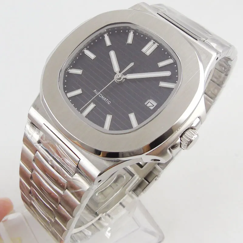 

Luxury Mechanical Men's Watch 40mm Square Watch Case Auto Date Sapphire Glass Mental Strap Gray Sterile Dial MIYOTA 8215