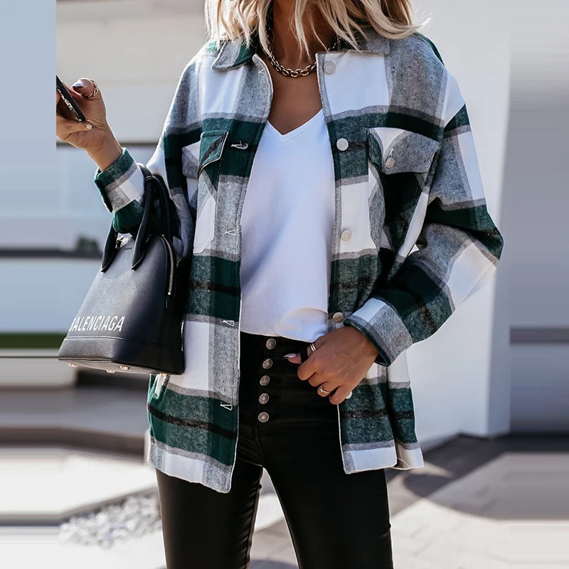 Elegant Fall Winter Women Long Sleeves Lapel Plaid Print Blouses Jackets Casual Buttons Cardigan Fashion Office Lady Party Coats | Женская