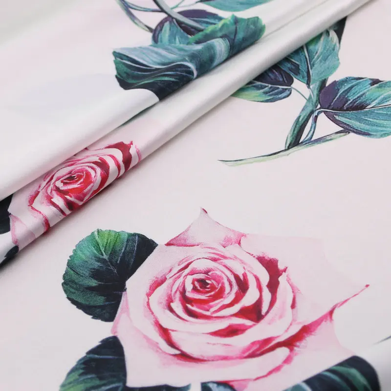 Белая роза цветы Печать полиэстер шифон и стрейч атласная ткань для платья DIY