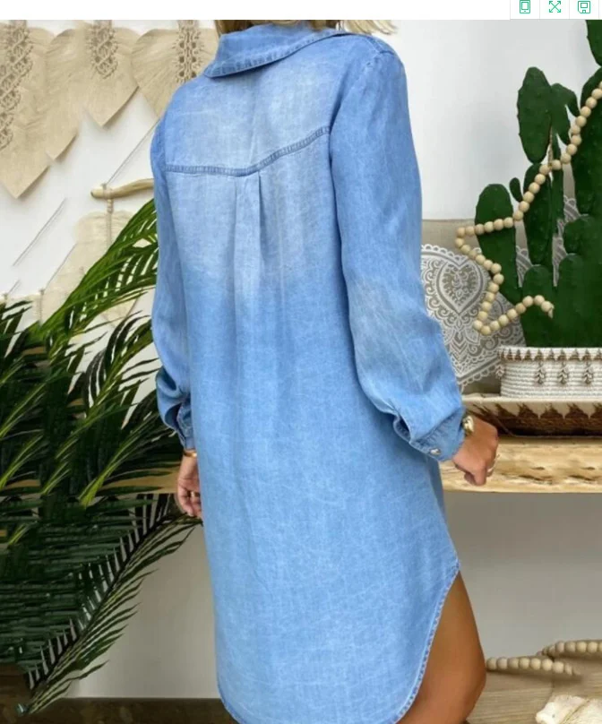 

2021 Long Sleeve Denim Dress Button Pocket Solid Color vintage Denim Shirt Dress with Neck