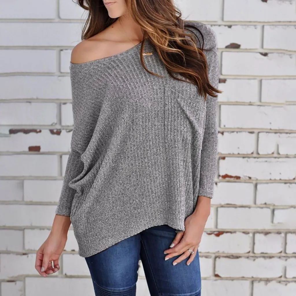 Women' Knitted Pullover Tops Loose Autumn Spring Off Shoulder Sweater Long Sleeves Solid Color Casual Knitwear Jumper Hot A30823 | Женская