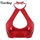 Женские блестящие укороченные топы для ночного клуба и вечевечерние, кожаные топы с воротником-халтером для танцев на шесте