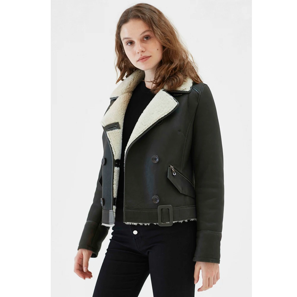 Womens Casual Shearling Jacket Turkey Sheepskin Coat Dark Green Leather Jacket Short Fur Jacket Womens Coats