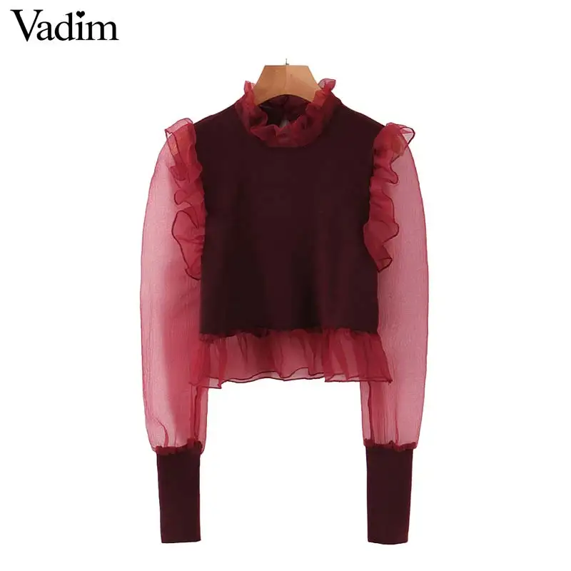 Vadim женские Ретро Блузки из органзы в стиле пэчворк прозрачные рубашки с длинным