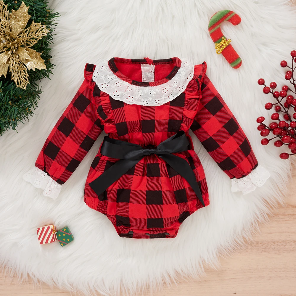 

Baby Girl's Jumpsuit Plaid Printed Ruffled Long Sleeve Triangle Romper with Belt Baby Jumpsuit Autumn New