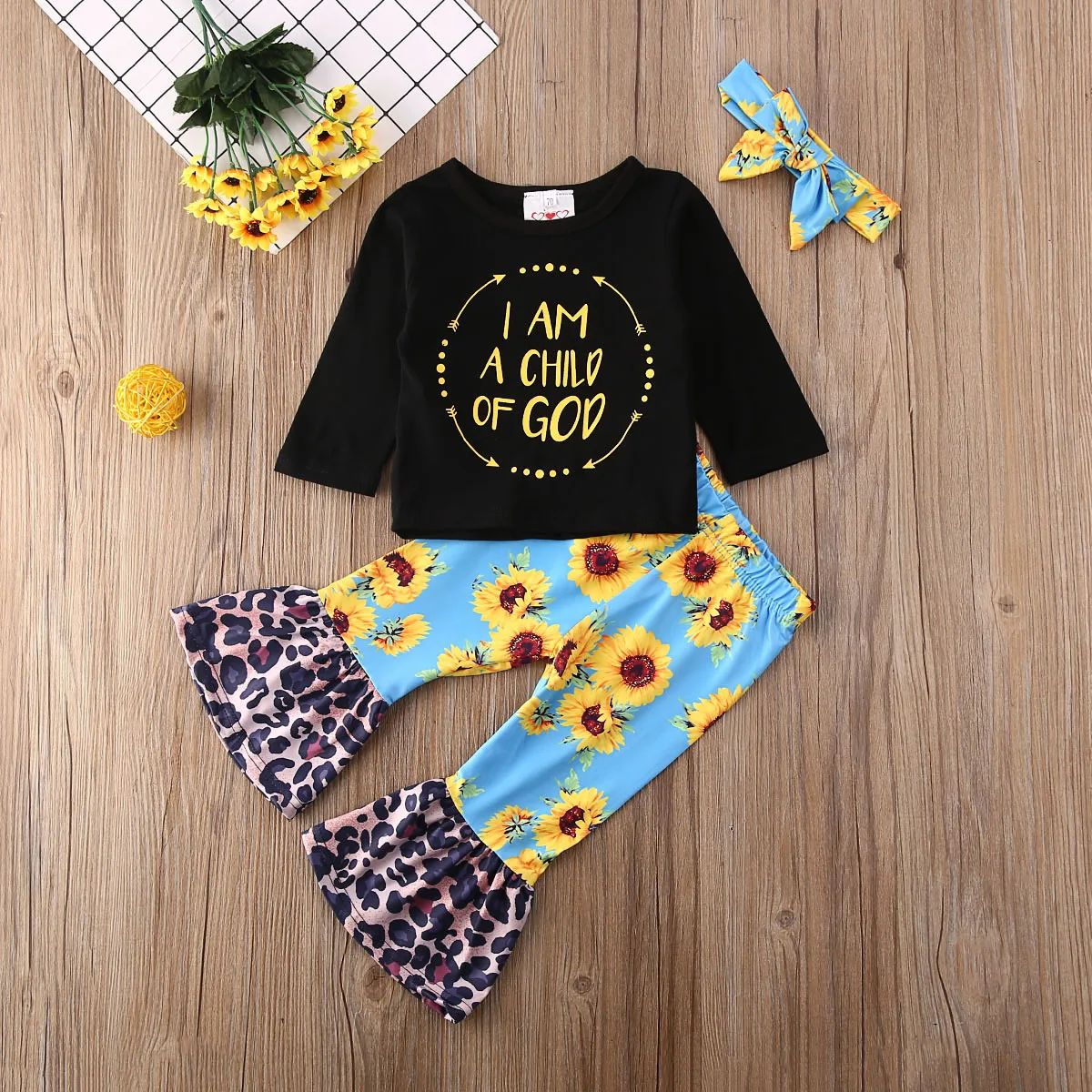 Pudcoco Toddler Baby Girl Clothes Letter Long Sleeve T-Shirt Tops Sunflower Leopard Print Bell-Bottoms Headband 3Pcs Outfits Set | Детская