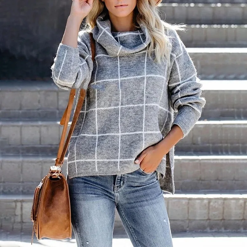 Женский пуловер свитер водолазка в клетку с длинным рукавом Свободные