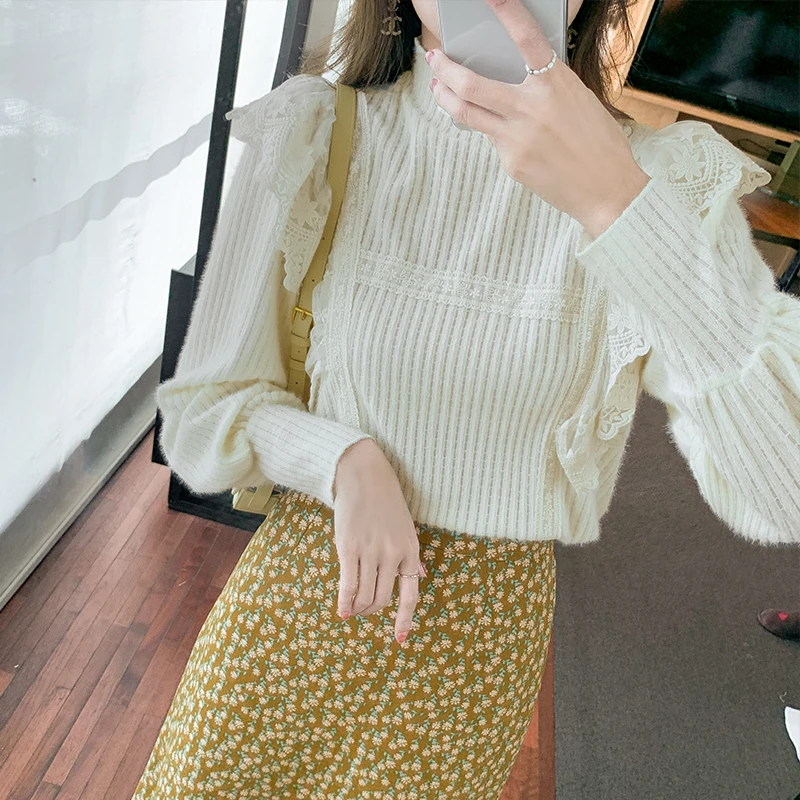 

Blouse Women Winter 2021 Office Lady Korea Style Ruffles Long Sleeve Lace Solid Straight Blusas Womens Tops And Blouses