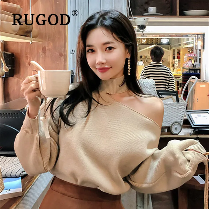 RUGOD New autumn korean chic sweater pullovers o neck off-shoulder solid knit pull fashion female elegant temperament tops