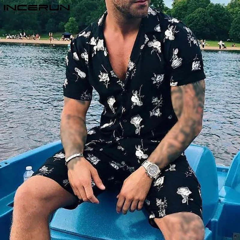 

Men Sets Flower Print Vacation Lapel Short Sleeve Shirt Casual Shorts 2 Pieces Streetwear 2021 Men Hawaiian Suits 5XL INCERUN 7