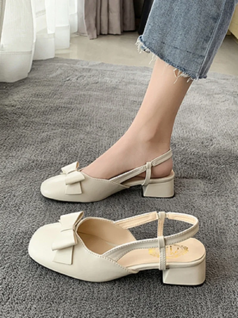

Elegant Bow-Knot Square-Toe Women's High-Heeled Sandals Summer New Mid-Heel Baotou Mary Jane Single Shoe Cover Foot.
