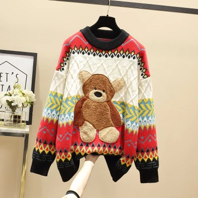 

2021 Korean Kawaii Bear Sweater Women Autumn Winter o Neck Oversize Long Sleeve Loose Pullover Warm Knitted Sweaters Pull Femme