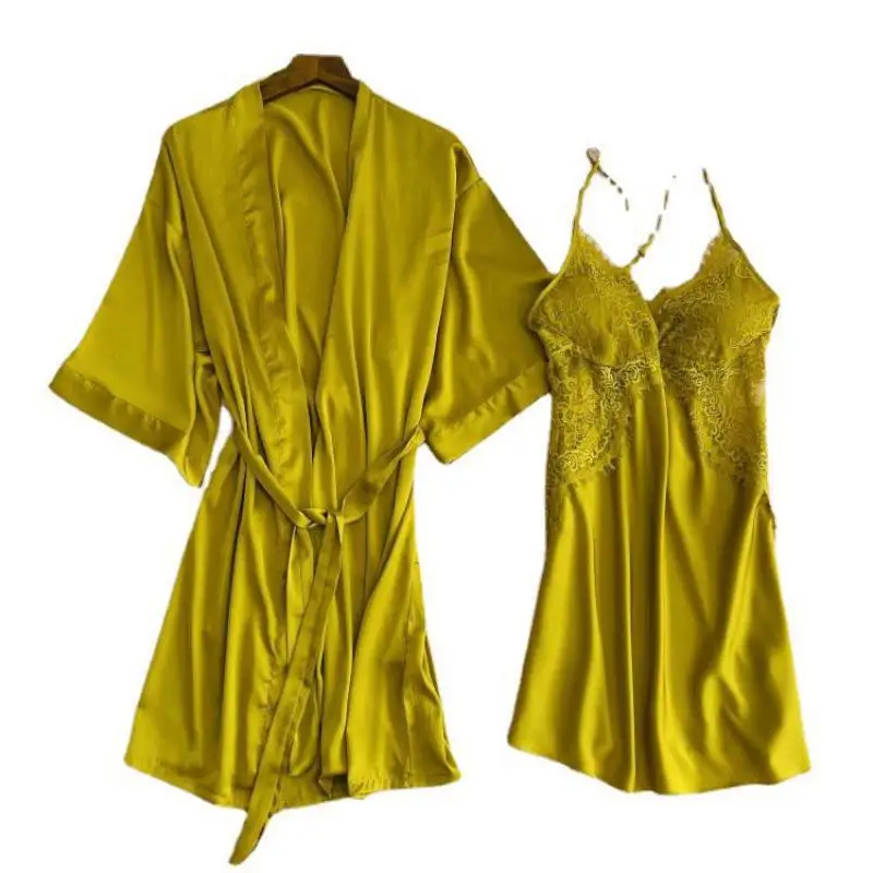 

Sleepwear Women 2PCS Robe Set Satin Sexy Lace Trim Bride Wedding Kimono Bathrobe Gown Spring Summer New Casual Intimate Lingerie
