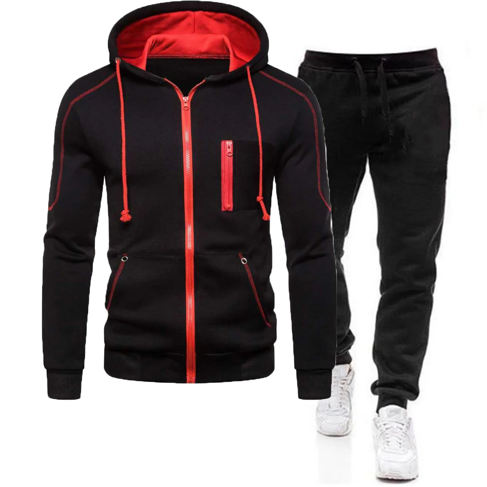 Men's Autumn Winter Tracksuit Zipper Hooded Sweatshirt and Pants 2 Piece Sports Suit Sportswear Jogger Running Suit Fitness Plus