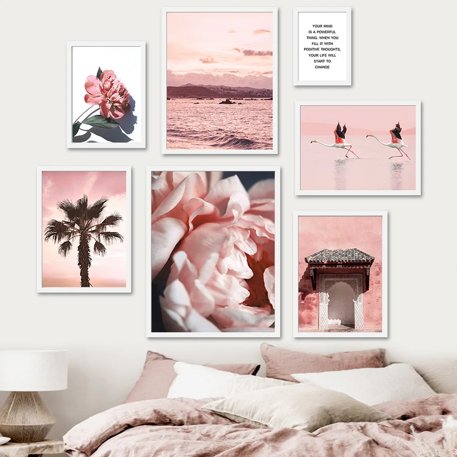 

Pink Flower Flamingo Sea Palm Door Quotes Wall Art Canvas Painting Nordic Posters And Prints Wall Pictures For Living Room Decor