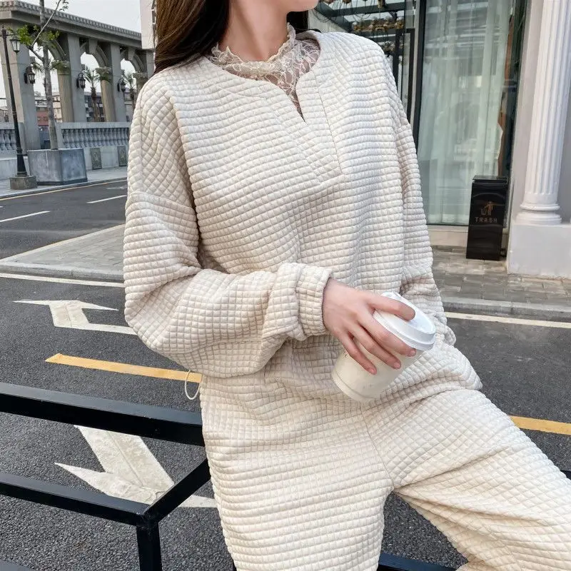 

Женский спортивный костюм из двух предметов, повседневный модный костюм с вафельным принтом, Новинка весна-осень 2021, однотонная Спортивная ...