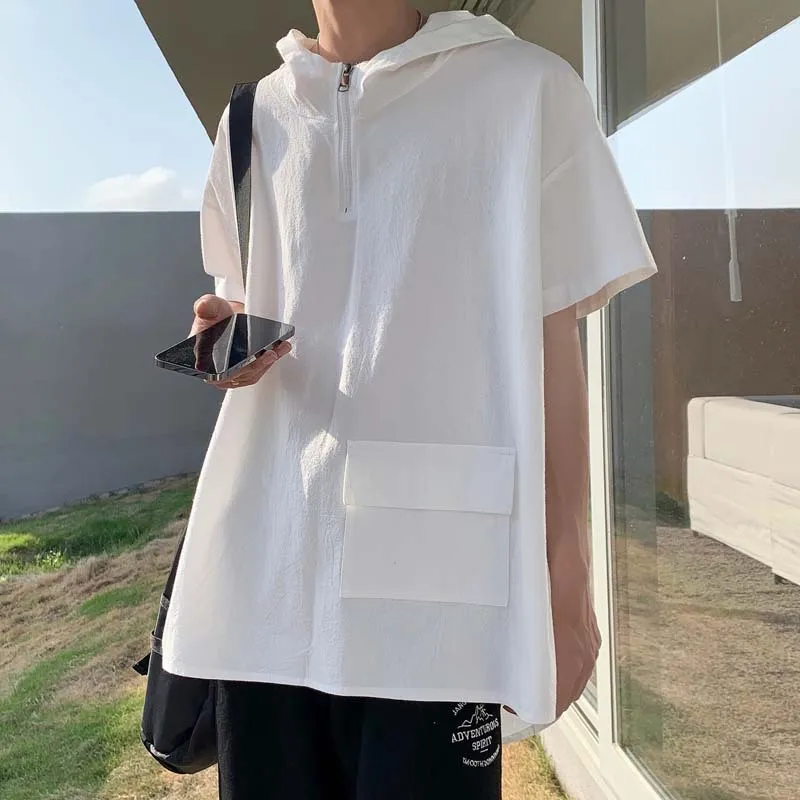 

Solid Zipper Hooded Summer T Shirt Short Sleeve Cool Fashion 2022 Men Tops 2022 Trend White Vintage Oversized Outdoor Streetwear