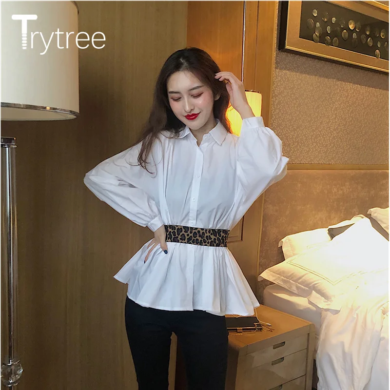 

Trytree Spring Women Blouse Casual Turn-down Collar Single Breasted Solid 2 Color Fashion Elegant Give Leopard belt Blouse Top