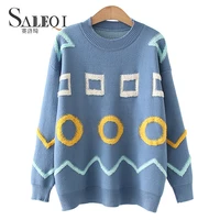 saleqi korean loose pullover o neck sweater women autumnfashion print knitted jumpers female 2021 new long sleeve knitwear