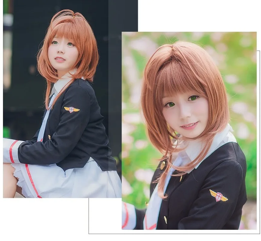 

Cardcaptor Sakura Kinomoto Sakura Cosplay Wigs Brown Straight Clear Card Wigs Synthetic Hair Perucas Cosplay Wig+hairnet