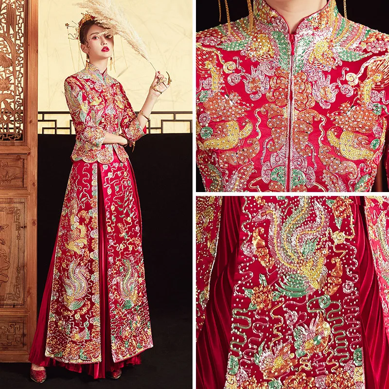 

High Quality Embroidery Phoenix Women Bride Wedding Dress Satin Vintage Button Cheongsam Oriental Classic Tang Suit Vestidos