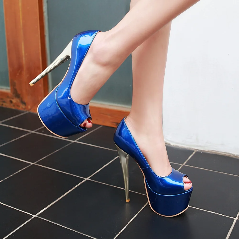 

Fashion Platform 16cm Extreme High Heels Women Blue Heel T-show Shoe Peep Toe Patent Leather Women Pumps Party Wedding Shoe Lady