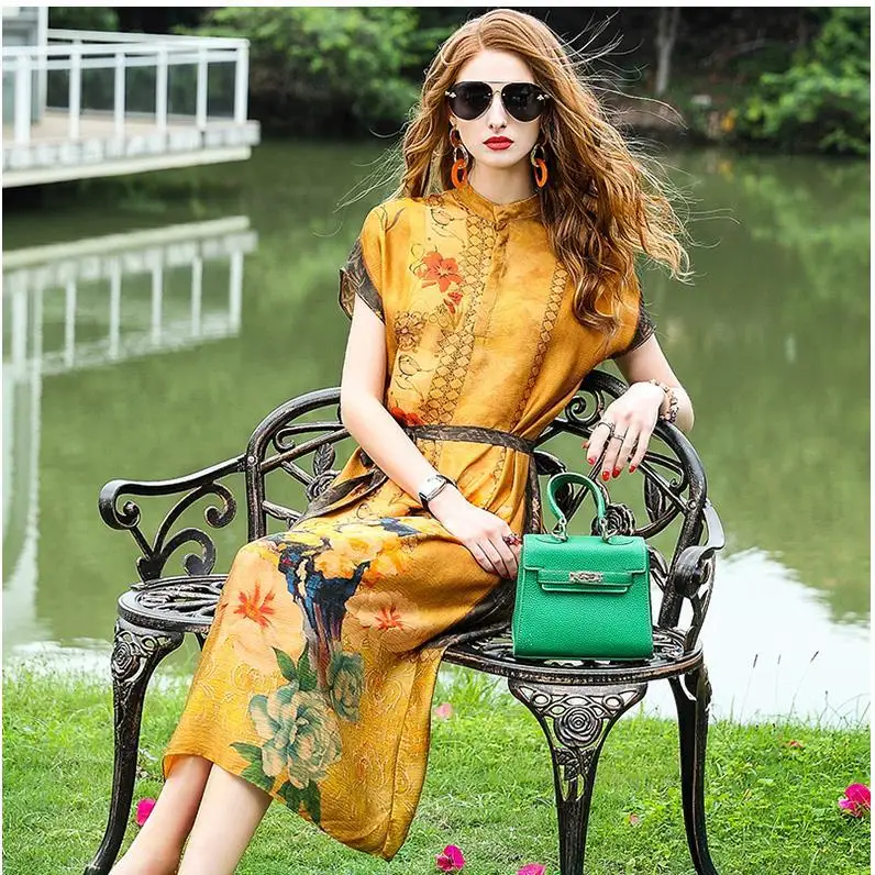 

2021 New Summer Women Mulberry Silk Elegant Plus Size 4xl Dress Ladies Dresses Mujer Mandarin Collar Print Long Vestidos b192