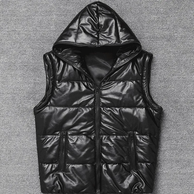 

Luxury Winter Sheepskin Hooded Jacket Men 2021 Brand Casual Slim Short Vest Sleeve Detachable Warm Black Cotton Outerwear S-3XL