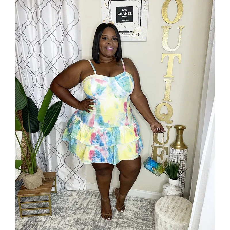

Spaghetti Strap Beach Vacation Tie Dye Summer Women's Dress 2021 Plus 5XL