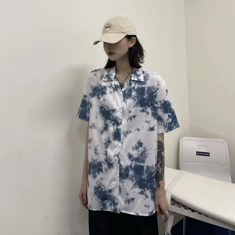 

Summer 2021 new Korean version of ins Hong Kong-style retro tie-dye short-sleeved shirts for couples loose outer wear tops Women