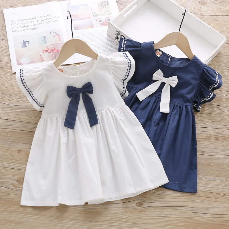 

New Girls' Dresses Children'S Summer Cotton Bowknot White and Navy Skirt Baby Kids Clothing Cute Ruffled Round Neck Vest Dress