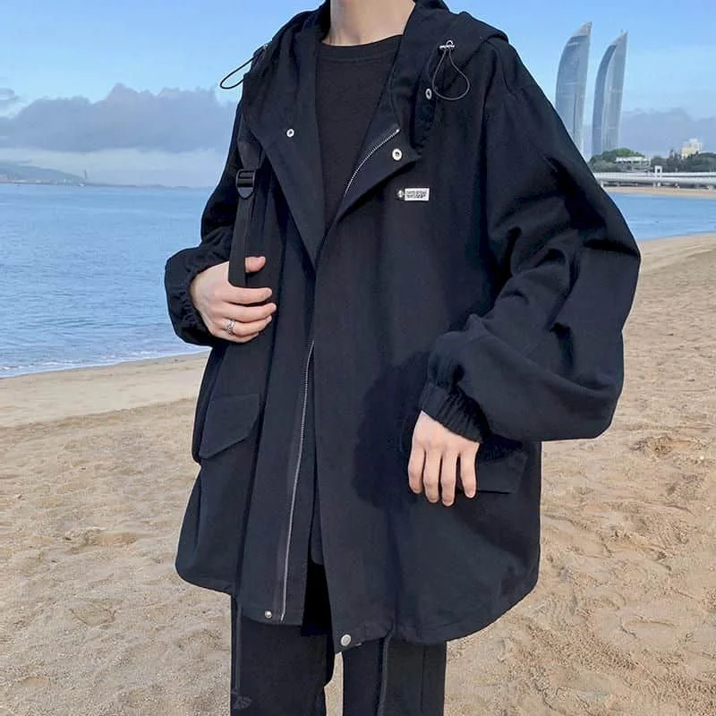 

Hooded jacket men women spring autumn Hong Kong style trend loose ruffian handsome mid-length tooling jacket men's windbreaker