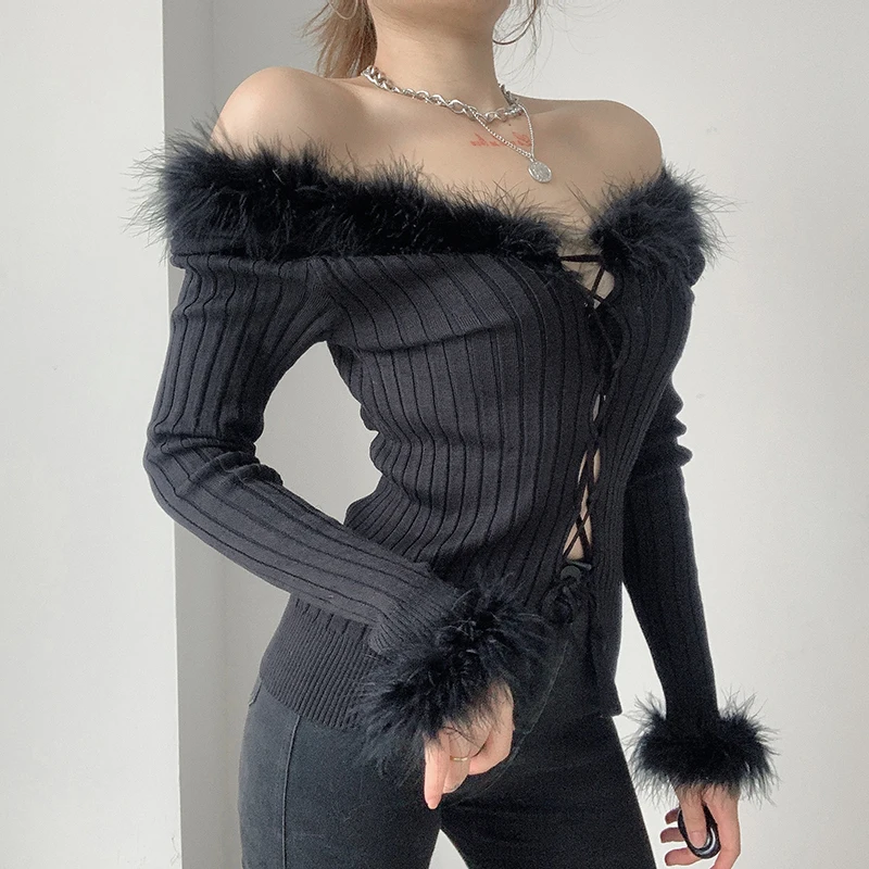 

Splicing Plush Cuff Sexy Night Club Bar T-shirt Women Long Sleeve Slim Backless Bandage Double Faced Women's T-shirts Hot