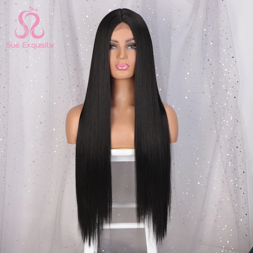 

SUe изысканные длинные шелковистые прямые синтетические парики для чернокожих женщин средняя часть натуральные волосы 26 дюймов термостойки...