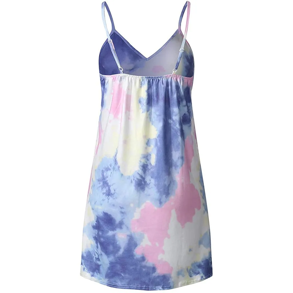 

Womens Summer Sexy Mini Dress Tie-Dye Gradient Sleeveless Camisole Summer Beach Swing Dress Round neck vestidos M*