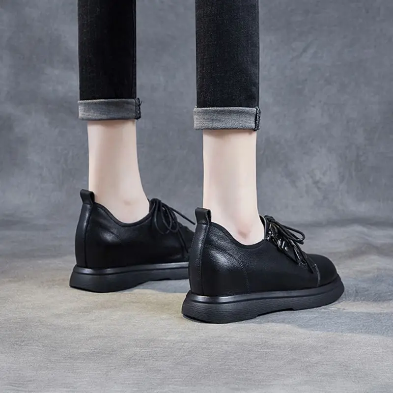 

2021 spring British style leather lace up deep mouth single shoes women's elevated flat bottom slope heel low top casual shoes