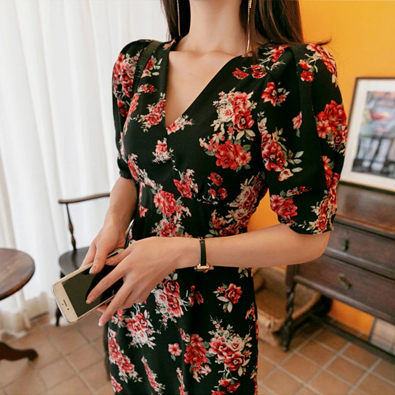 Женское платье миди в богемном стиле с v-образным вырезом длинным рукавом и