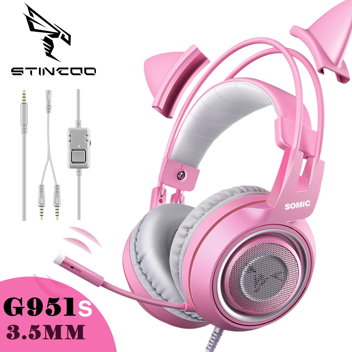 SOMIC السلكية سماعة ألعاب الوردي القط الأذن سماعة لطيف PS4 الهاتف PC مع ميكروفون 3.5 مللي متر الألعاب الهاتف PS4 Overear ألعاب G951s الوردي