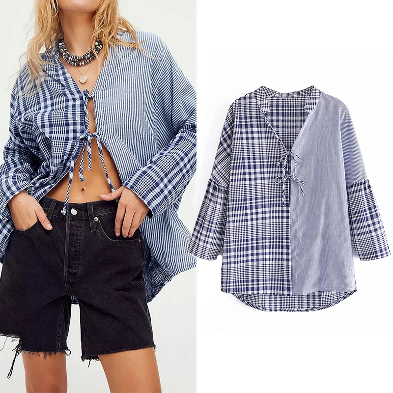 

WESAY JESI Summer Women 2021 Za Plaid Patchwork Long Blouse Shirt Oversized Long Sleeve Sexy Women Blouse Ruffle Holiday Ladies