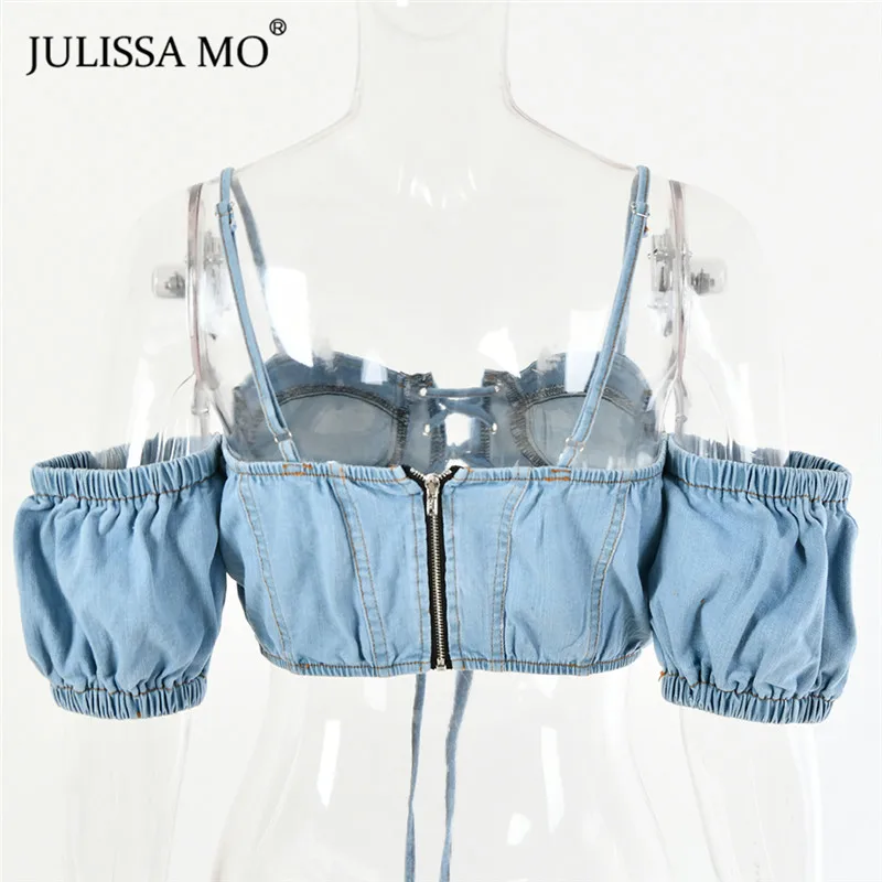 JULISSA MO джинсовый сексуальный бандажный укороченный топ женские модные синие джинсы с пышными рукавами Свободная безрукавка ковбойская майка уличная Бюстье Топы