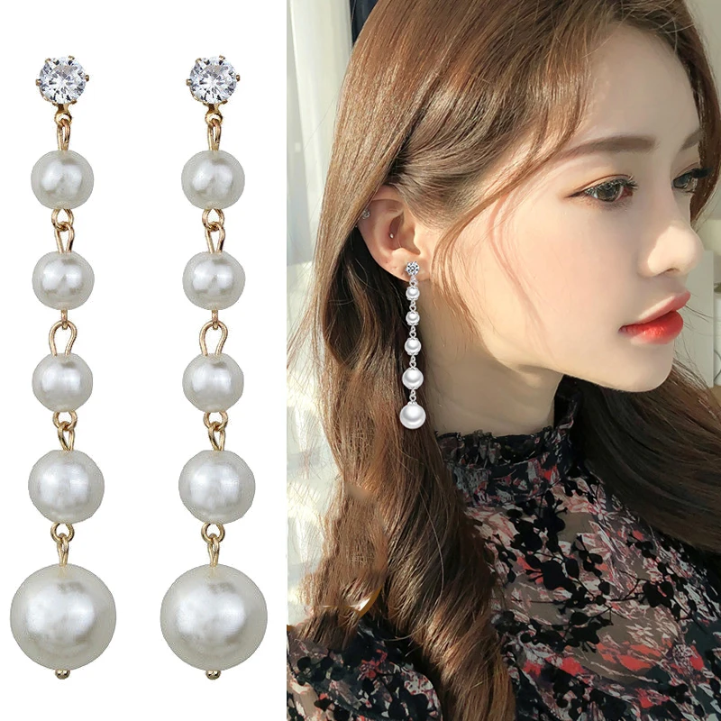 

Women Elegant Pearl Long Earrings Created Large Simulated Pearl Chain Crystal Earrings For Wedding Party Gift