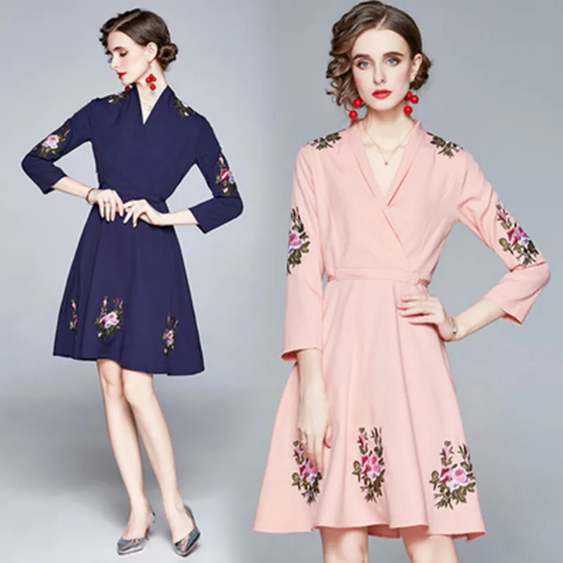 

Женское винтажное платье-трапеция, элегантное платье с высокой талией, V-образным вырезом и вышивкой, а-силуэт, на шнуровке, весна 2021