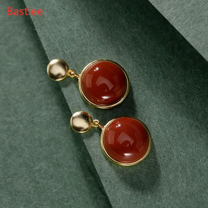 

Bastiee 925 Sterling Silver Earrings Earings Fashion Jewelry Red Agate Golden Plated Korean Earrings Dangle Earrings