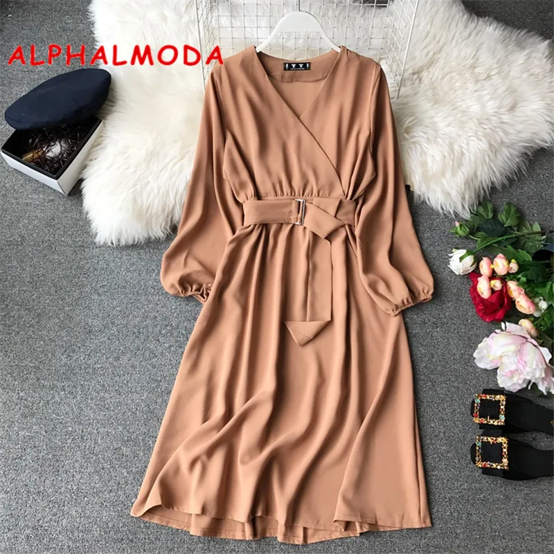 Женское шифоновое платье ALPHALMODA с длинными рукавами и поясом офисное